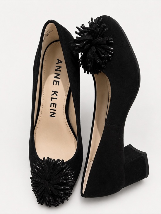 Anne Klein Shoes - Anne Klein Black Pom Pom Suede Block Heel Pumps-Size 6
